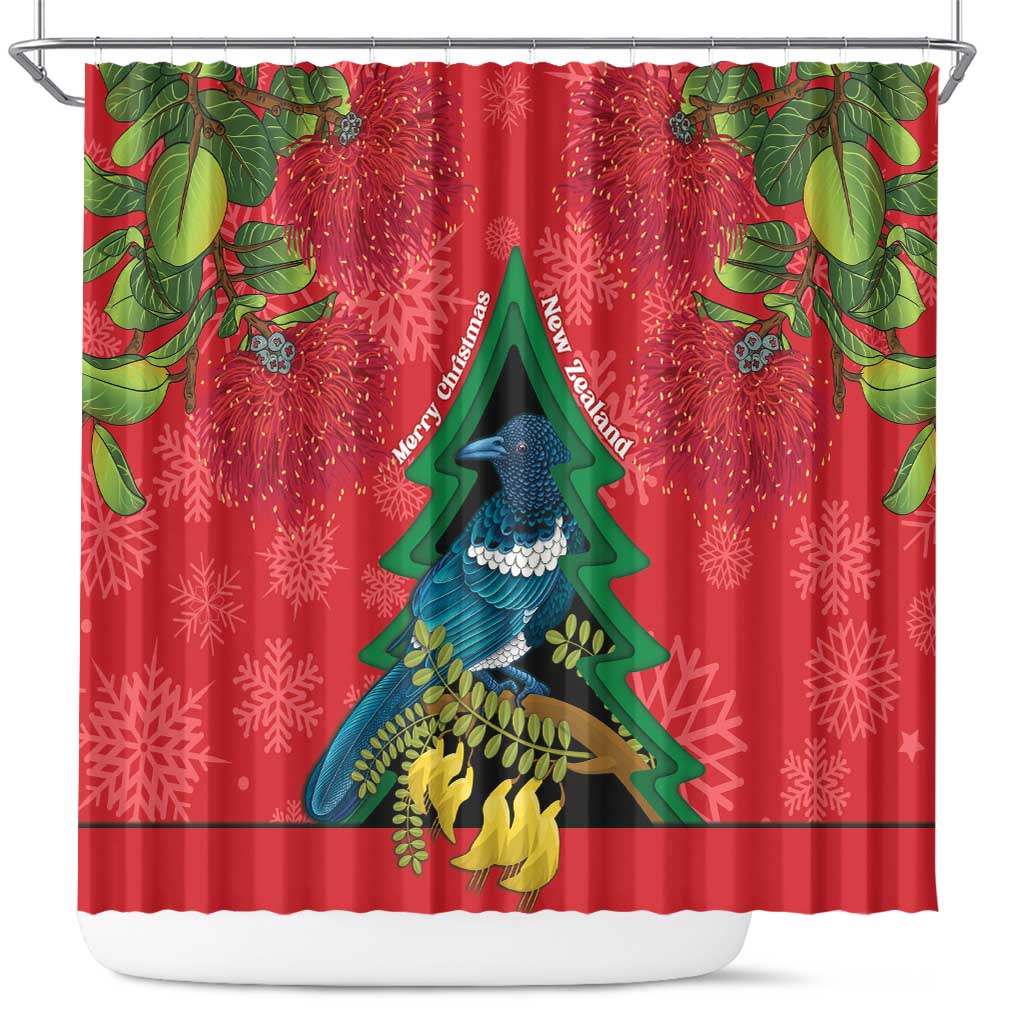New Zealand Christmas In July Shower Curtain Kowhai Tui Bird With Pohutukawa - Red LT14 Red - Polynesian Pride