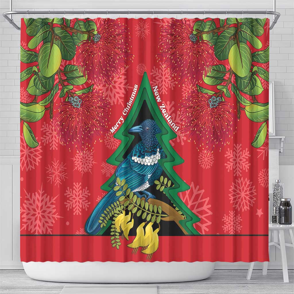 New Zealand Christmas In July Shower Curtain Kowhai Tui Bird With Pohutukawa - Red LT14 - Polynesian Pride