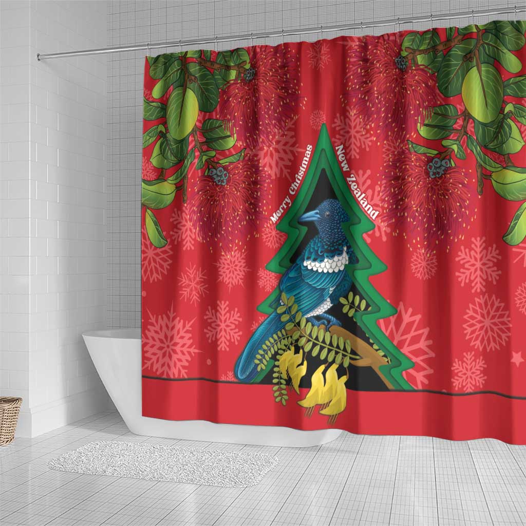 New Zealand Christmas In July Shower Curtain Kowhai Tui Bird With Pohutukawa - Red LT14 - Polynesian Pride