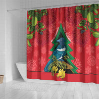 New Zealand Christmas In July Shower Curtain Kowhai Tui Bird With Pohutukawa - Red LT14 - Polynesian Pride