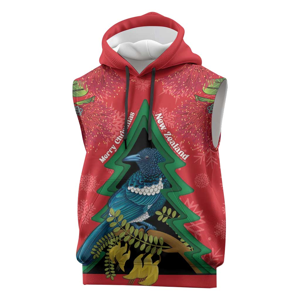 New Zealand Christmas In July Sleeveless Hoodie Kowhai Tui Bird With Pohutukawa - Red LT14 Red - Polynesian Pride