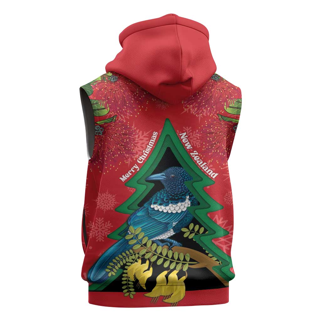 New Zealand Christmas In July Sleeveless Hoodie Kowhai Tui Bird With Pohutukawa - Red LT14 - Polynesian Pride