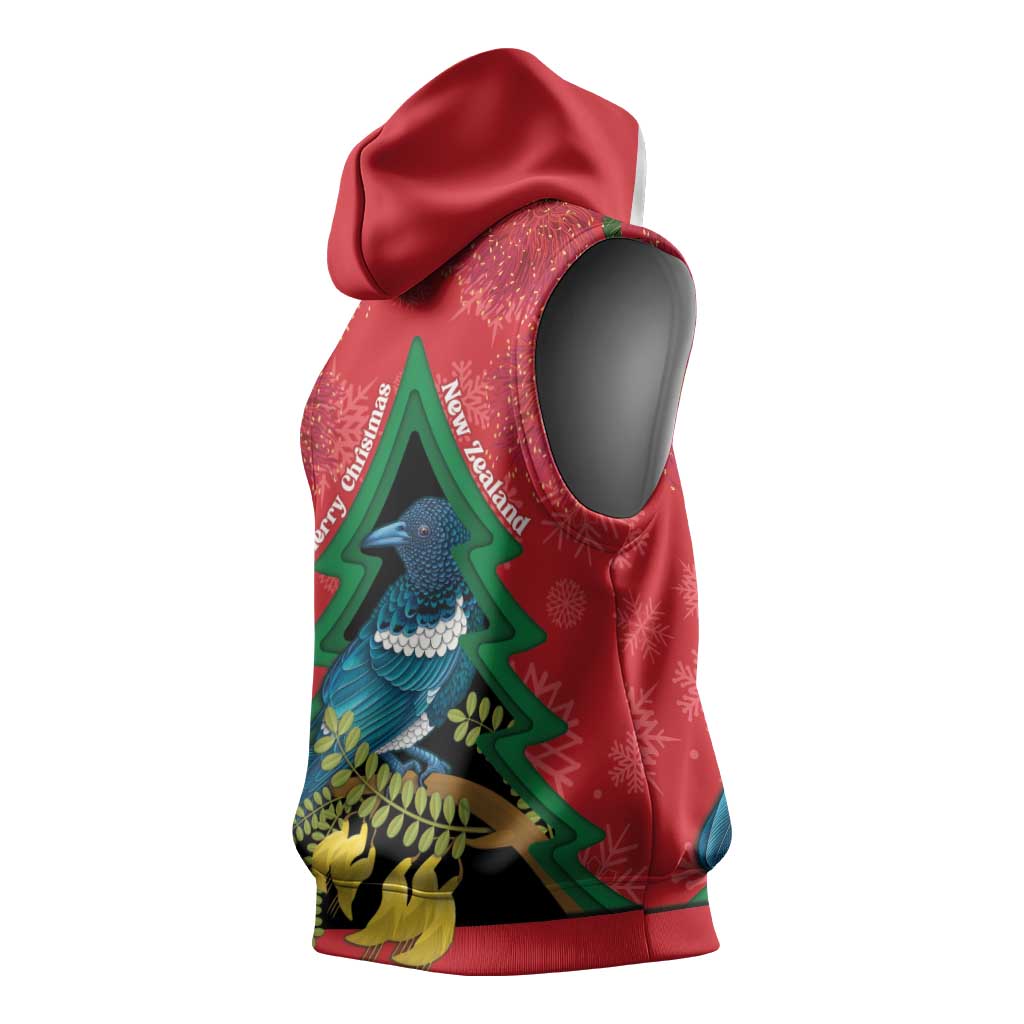 New Zealand Christmas In July Sleeveless Hoodie Kowhai Tui Bird With Pohutukawa - Red LT14 - Polynesian Pride