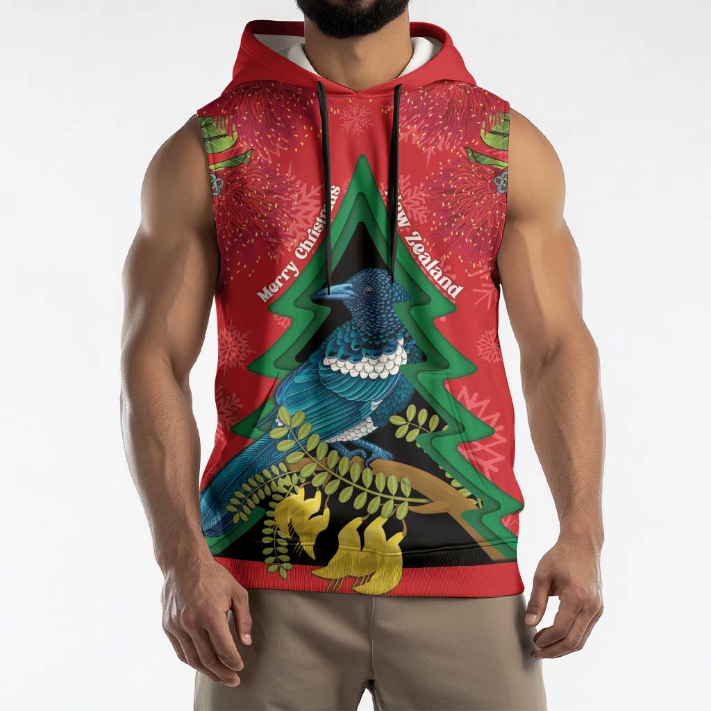 New Zealand Christmas In July Sleeveless Hoodie Kowhai Tui Bird With Pohutukawa - Red LT14 - Polynesian Pride