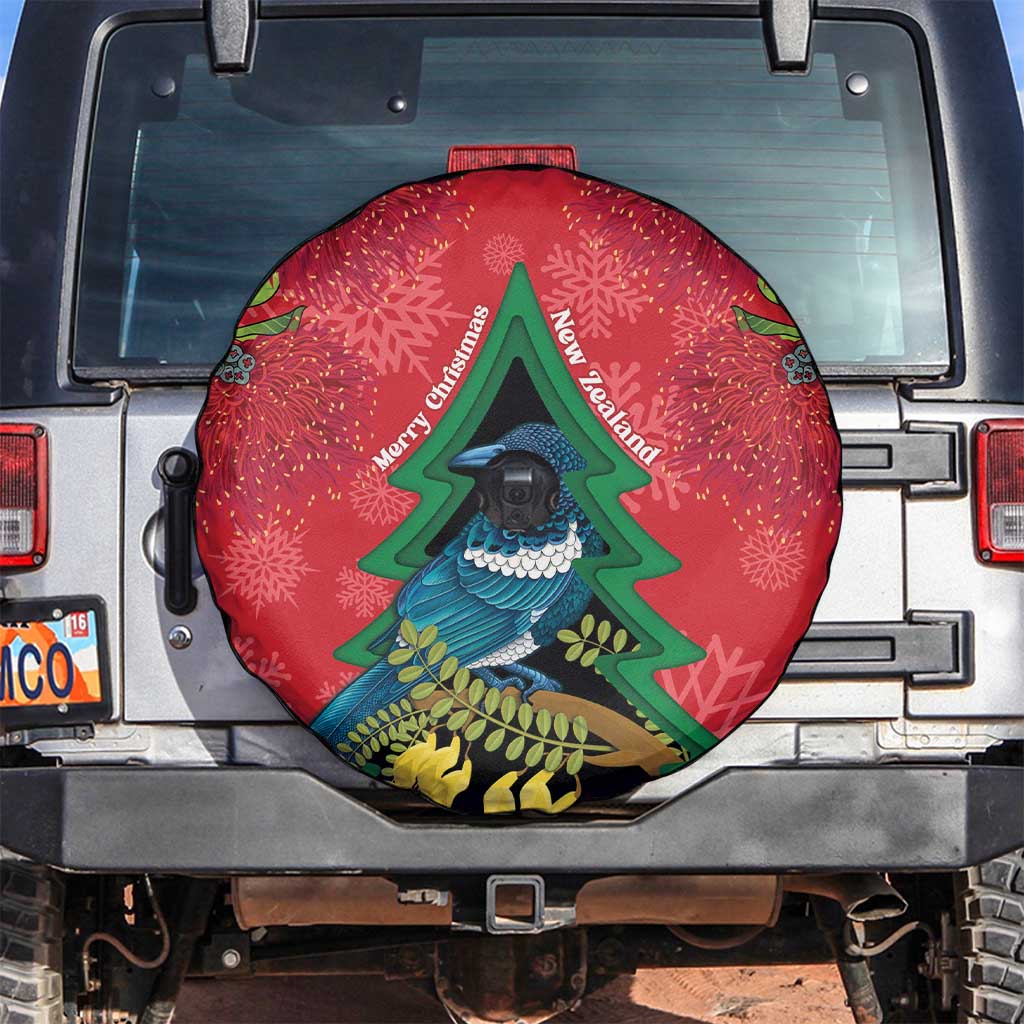 New Zealand Christmas In July Spare Tire Cover Kowhai Tui Bird With Pohutukawa - Red LT14 Red - Polynesian Pride