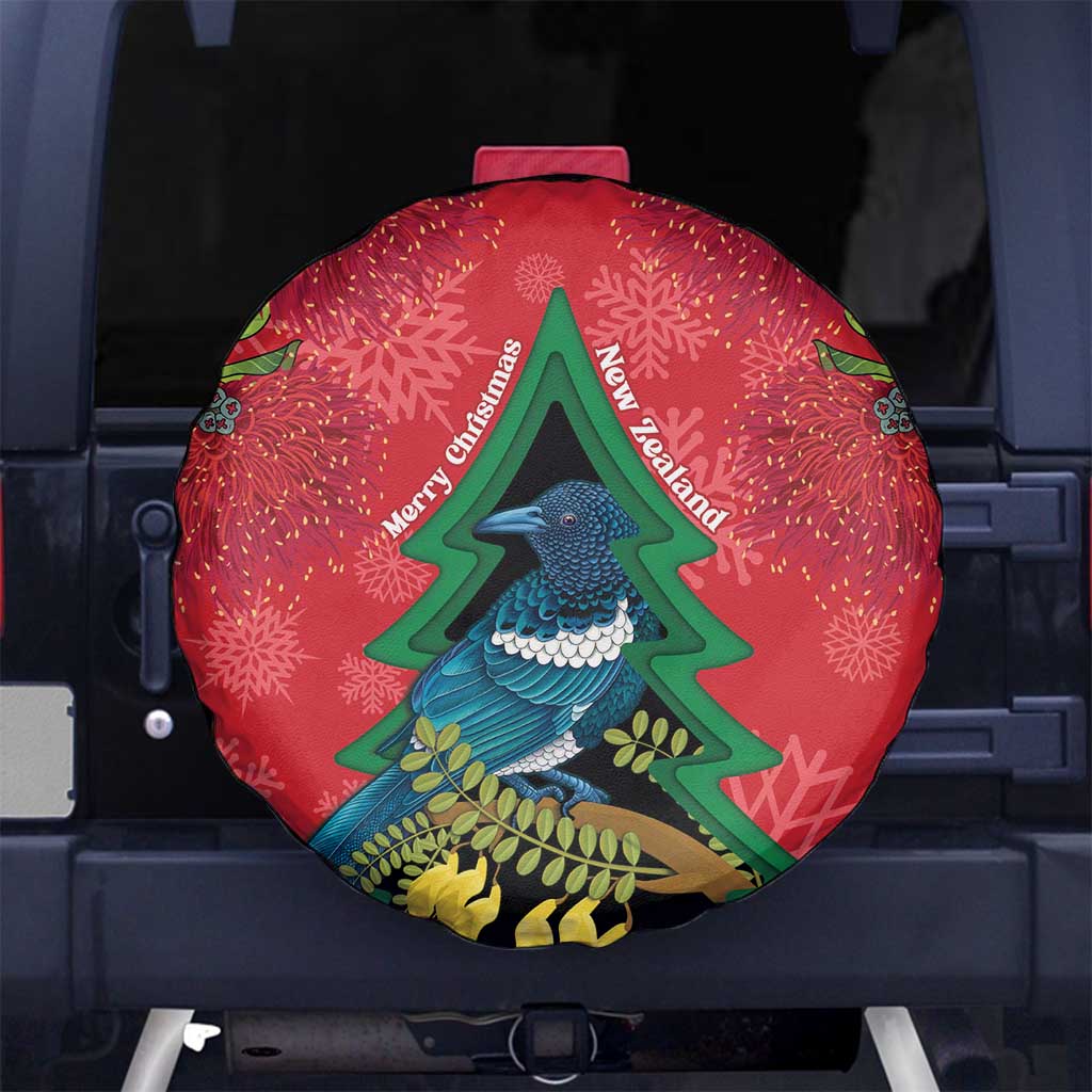 New Zealand Christmas In July Spare Tire Cover Kowhai Tui Bird With Pohutukawa - Red LT14 No hole Red - Polynesian Pride