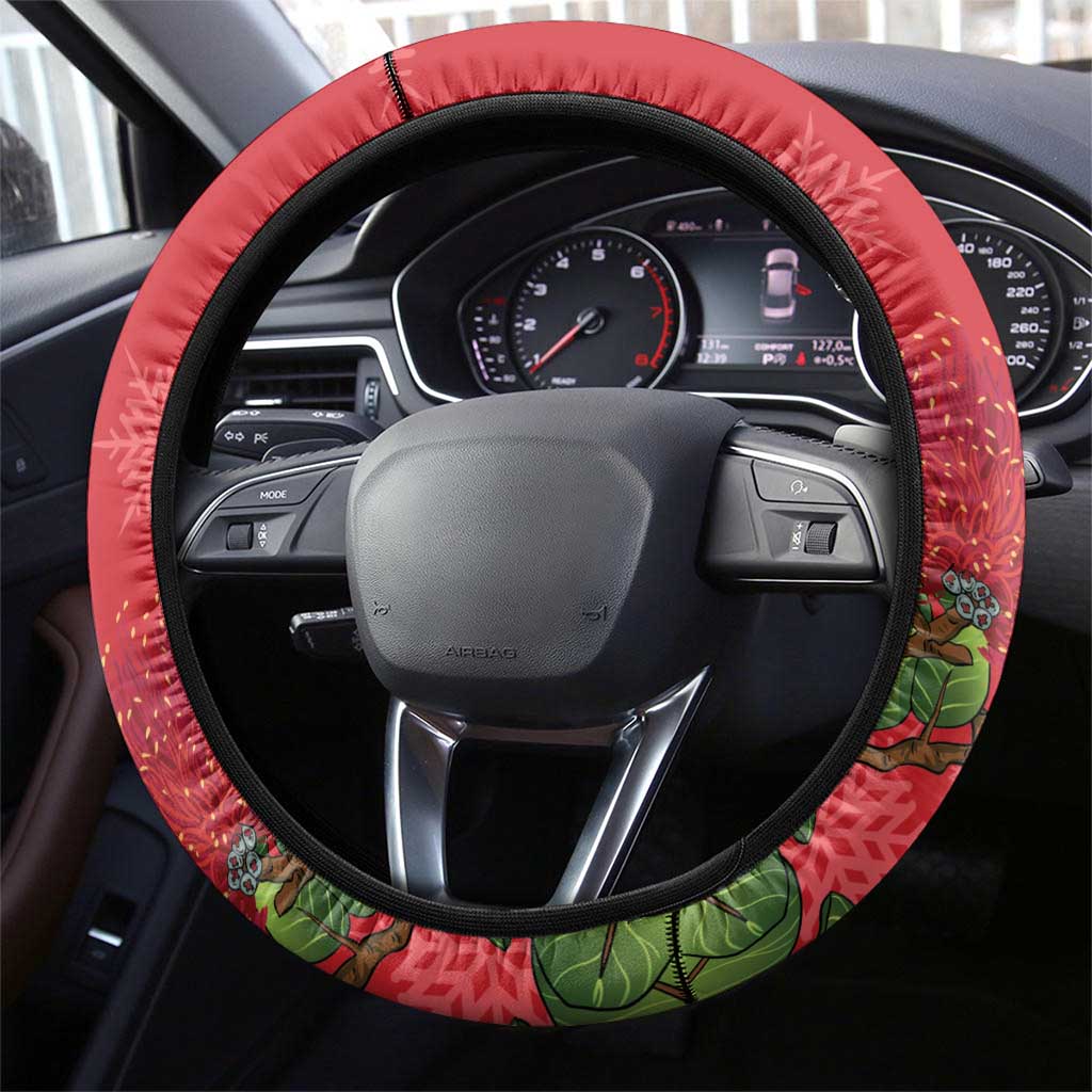 New Zealand Christmas In July Steering Wheel Cover Kowhai Tui Bird With Pohutukawa - Red LT14 - Polynesian Pride