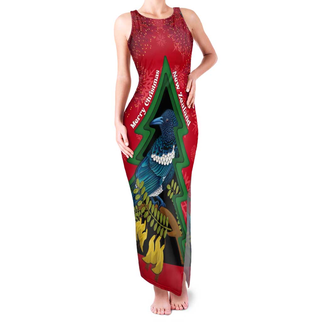 New Zealand Christmas In July Tank Maxi Dress Kowhai Tui Bird With Pohutukawa - Red LT14 Women Red - Polynesian Pride