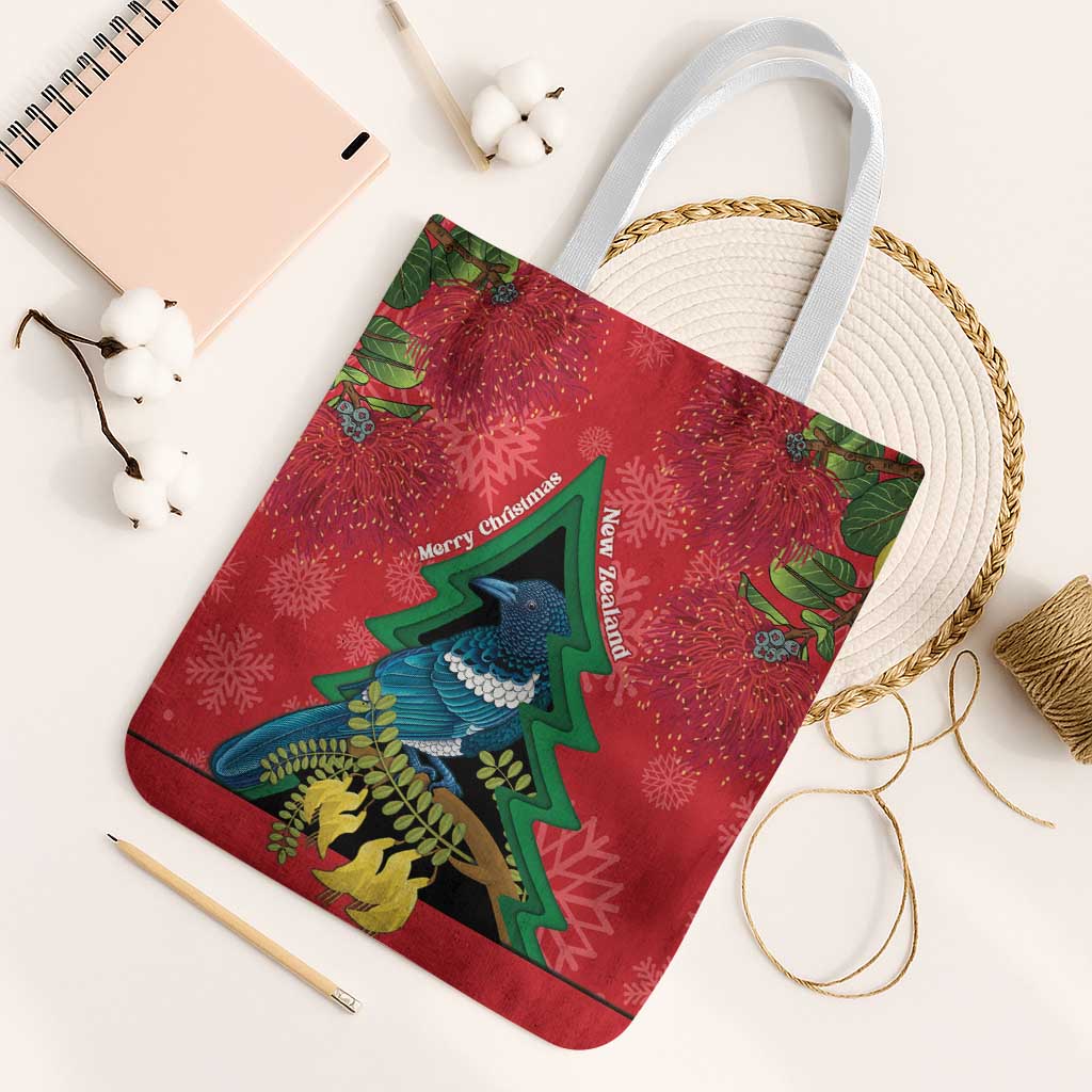 New Zealand Christmas In July Tote Bag Kowhai Tui Bird With Pohutukawa - Red LT14 White Strap One Size Red - Polynesian Pride