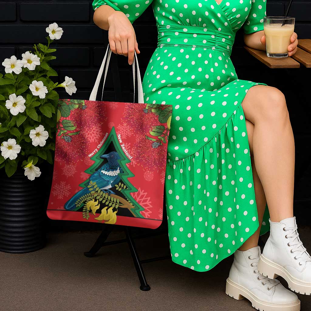 New Zealand Christmas In July Tote Bag Kowhai Tui Bird With Pohutukawa - Red LT14 - Polynesian Pride