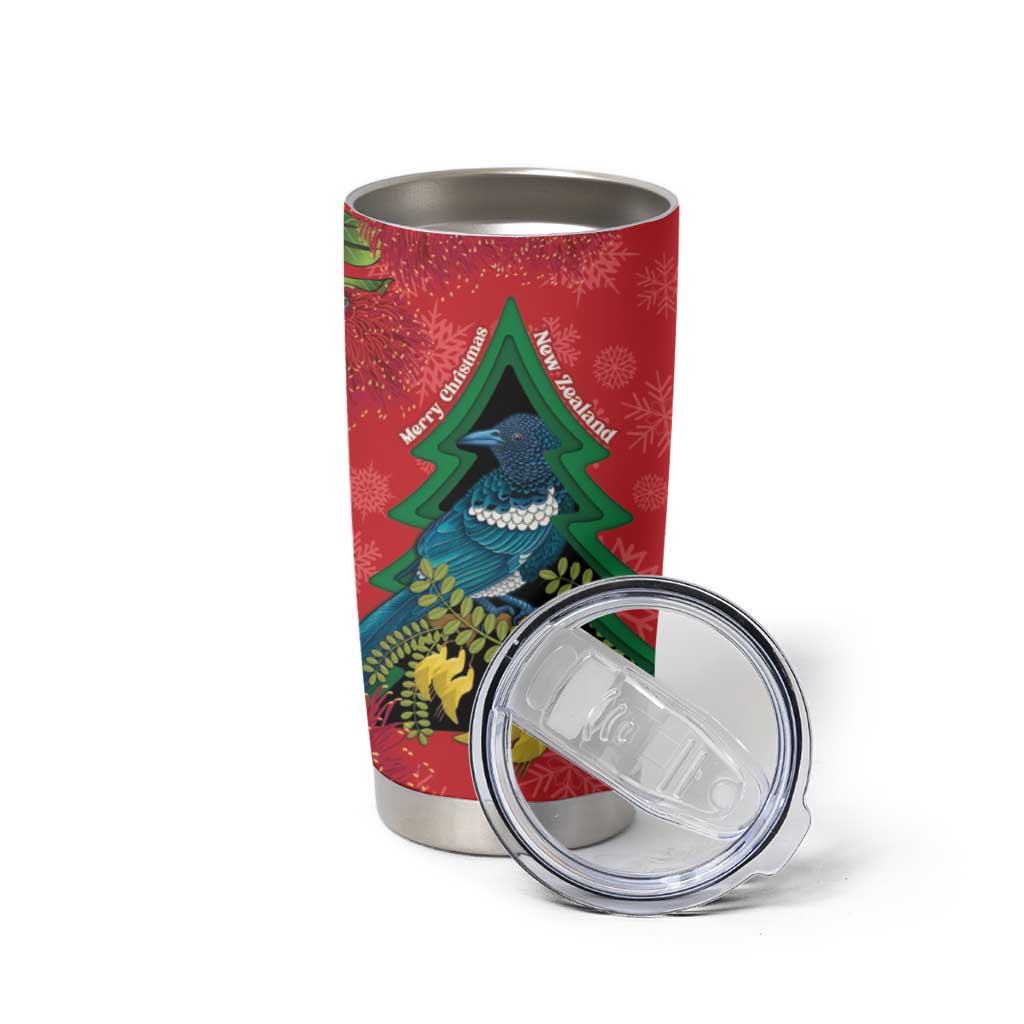 New Zealand Christmas In July Tumbler Cup Kowhai Tui Bird With Pohutukawa - Red LT14 - Polynesian Pride