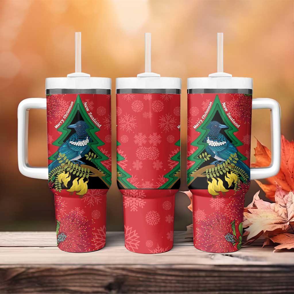 New Zealand Christmas In July Tumbler With Handle Kowhai Tui Bird With Pohutukawa - Red LT14 - Polynesian Pride