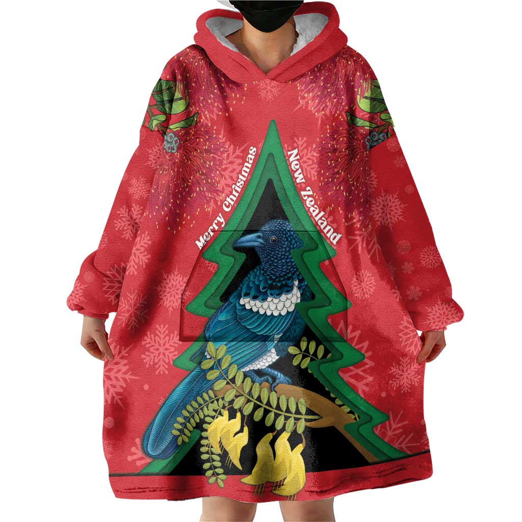 New Zealand Christmas In July Wearable Blanket Hoodie Kowhai Tui Bird With Pohutukawa - Red LT14 - Polynesian Pride