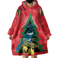 New Zealand Christmas In July Wearable Blanket Hoodie Kowhai Tui Bird With Pohutukawa - Red LT14 - Polynesian Pride