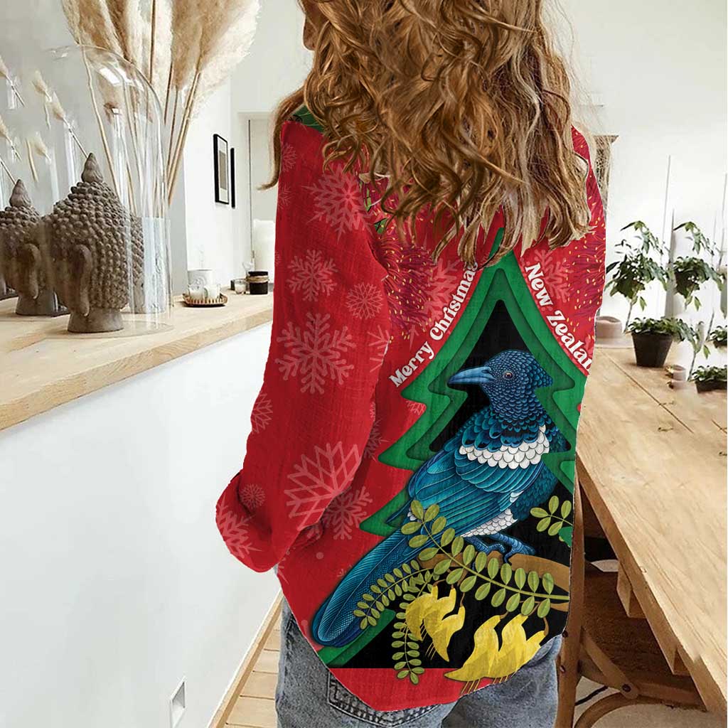 New Zealand Christmas In July Women Casual Shirt Kowhai Tui Bird With Pohutukawa - Red LT14 - Polynesian Pride