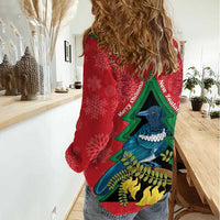 New Zealand Christmas In July Women Casual Shirt Kowhai Tui Bird With Pohutukawa - Red LT14 - Polynesian Pride