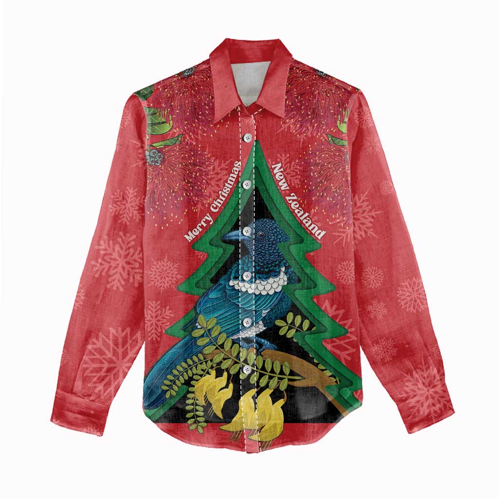 New Zealand Christmas In July Women Casual Shirt Kowhai Tui Bird With Pohutukawa - Red LT14 - Polynesian Pride