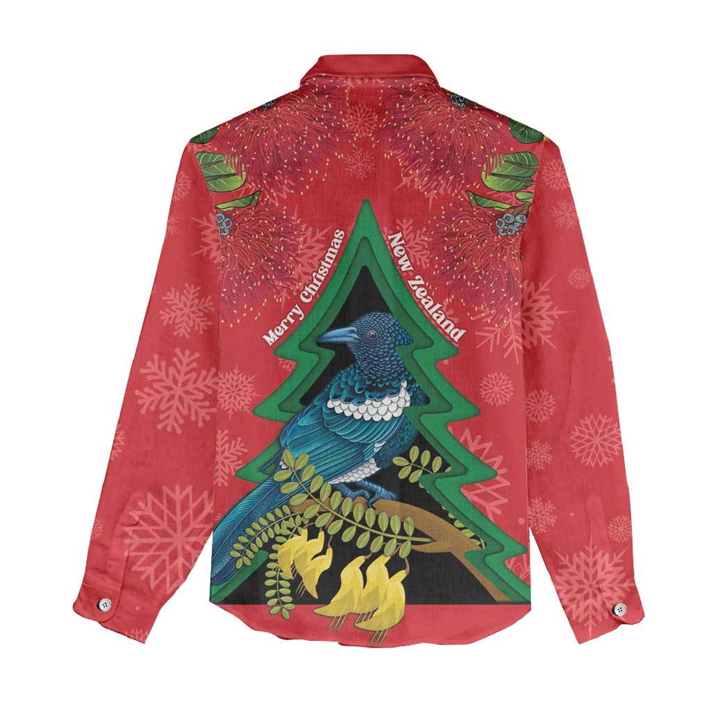 New Zealand Christmas In July Women Casual Shirt Kowhai Tui Bird With Pohutukawa - Red LT14 - Polynesian Pride