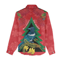 New Zealand Christmas In July Women Casual Shirt Kowhai Tui Bird With Pohutukawa - Red LT14 - Polynesian Pride