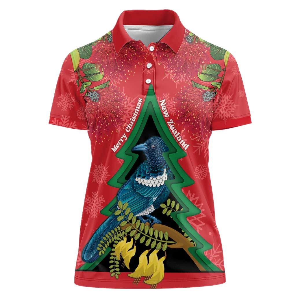 New Zealand Christmas In July Women Polo Shirt Kowhai Tui Bird With Pohutukawa - Red LT14 Female Red - Polynesian Pride