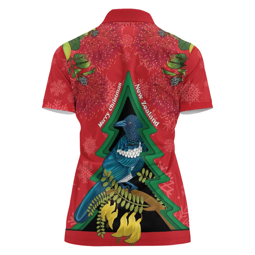 New Zealand Christmas In July Women Polo Shirt Kowhai Tui Bird With Pohutukawa - Red LT14 - Polynesian Pride