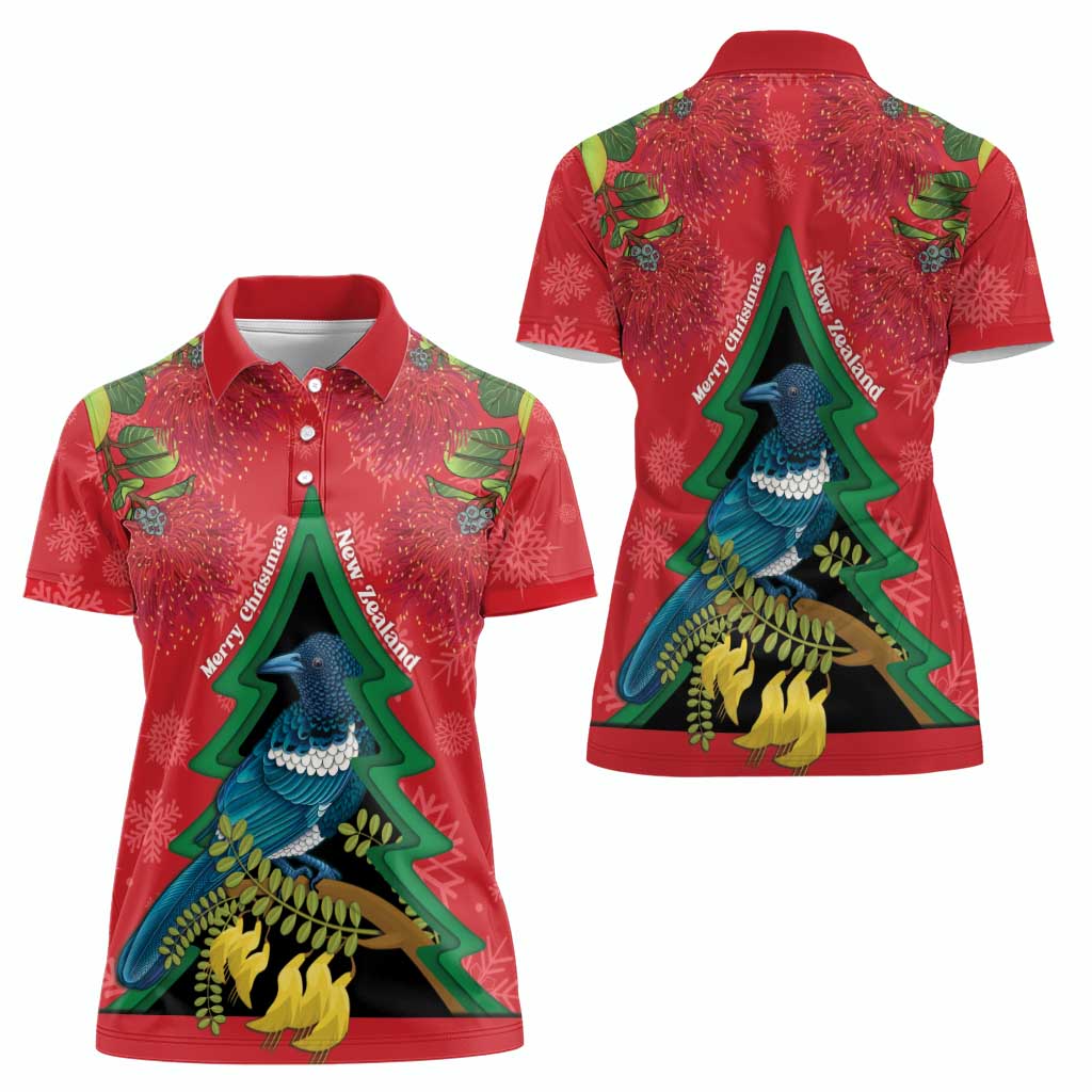 New Zealand Christmas In July Women Polo Shirt Kowhai Tui Bird With Pohutukawa - Red LT14 - Polynesian Pride