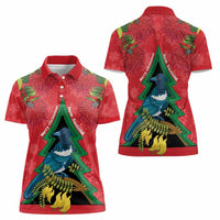 New Zealand Christmas In July Women Polo Shirt Kowhai Tui Bird With Pohutukawa - Red LT14 - Polynesian Pride