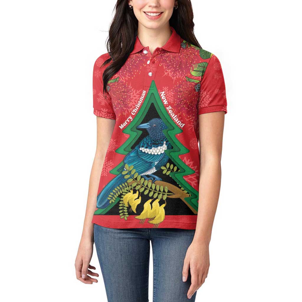 New Zealand Christmas In July Women Polo Shirt Kowhai Tui Bird With Pohutukawa - Red LT14 - Polynesian Pride