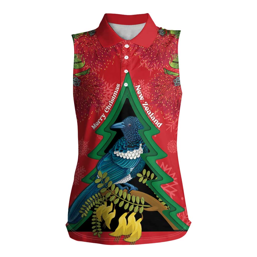 New Zealand Christmas In July Women Sleeveless Polo Shirt Kowhai Tui Bird With Pohutukawa - Red