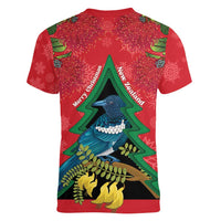 New Zealand Christmas In July Women V-Neck T-Shirt Kowhai Tui Bird With Pohutukawa - Red