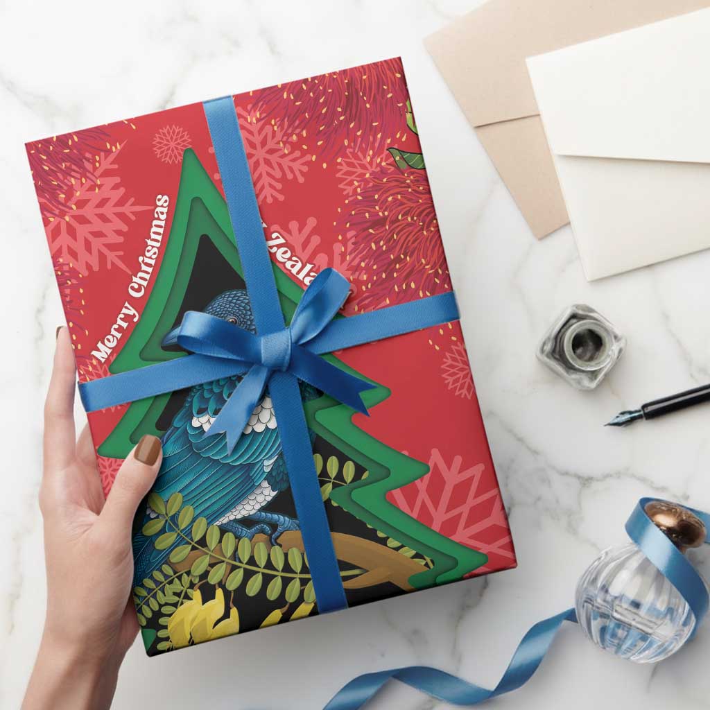 New Zealand Christmas In July Wrapping Paper Kowhai Tui Bird With Pohutukawa - Red - Polynesian Pride
