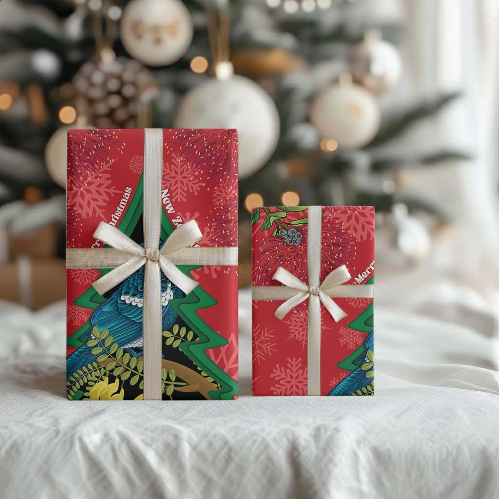 New Zealand Christmas In July Wrapping Paper Kowhai Tui Bird With Pohutukawa - Red - Polynesian Pride