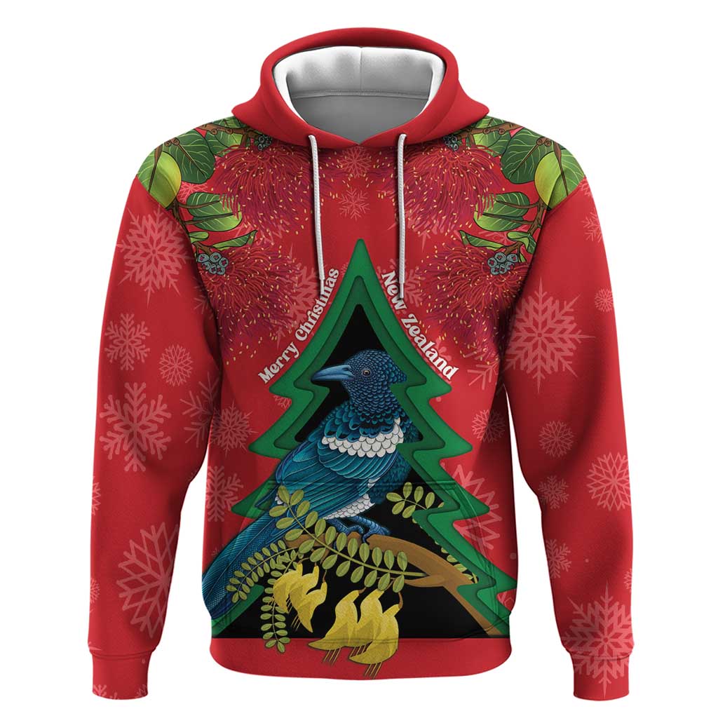 New Zealand Christmas In July Zip Hoodie Kowhai Tui Bird With Pohutukawa - Red LT14 Pullover Hoodie Red - Polynesian Pride