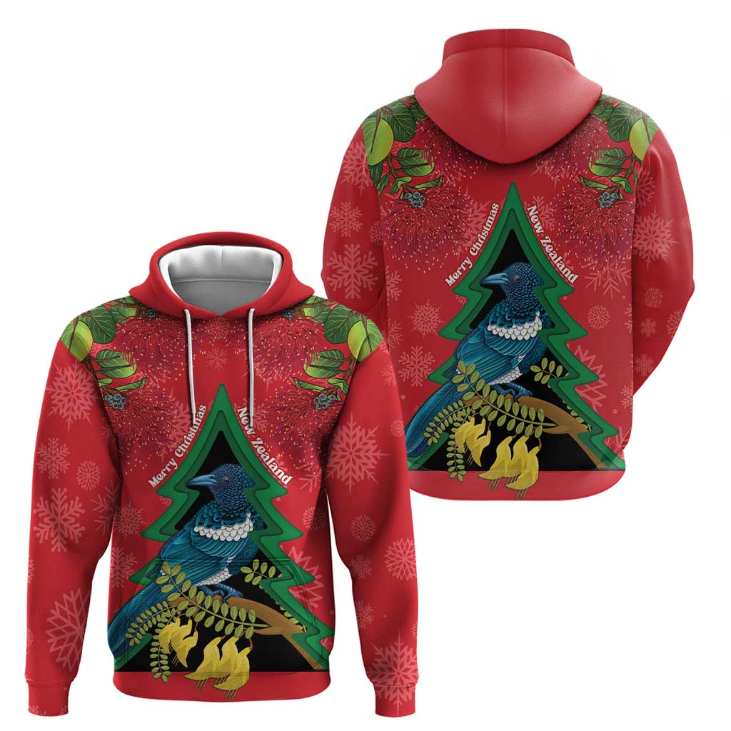 New Zealand Christmas In July Zip Hoodie Kowhai Tui Bird With Pohutukawa - Red LT14 - Polynesian Pride