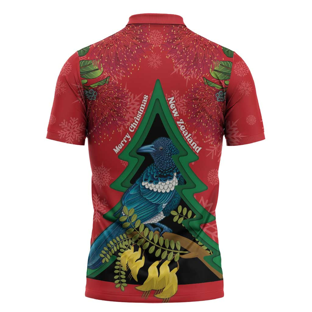 New Zealand Christmas In July Zipper Polo Shirt Kowhai Tui Bird With Pohutukawa - Red LT14 - Polynesian Pride