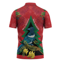 New Zealand Christmas In July Zipper Polo Shirt Kowhai Tui Bird With Pohutukawa - Red LT14 - Polynesian Pride