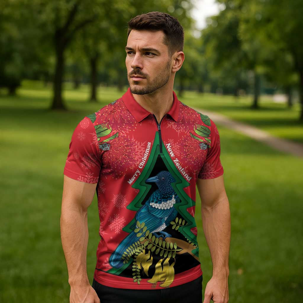New Zealand Christmas In July Zipper Polo Shirt Kowhai Tui Bird With Pohutukawa - Red LT14 - Polynesian Pride
