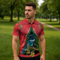New Zealand Christmas In July Zipper Polo Shirt Kowhai Tui Bird With Pohutukawa - Red LT14 - Polynesian Pride
