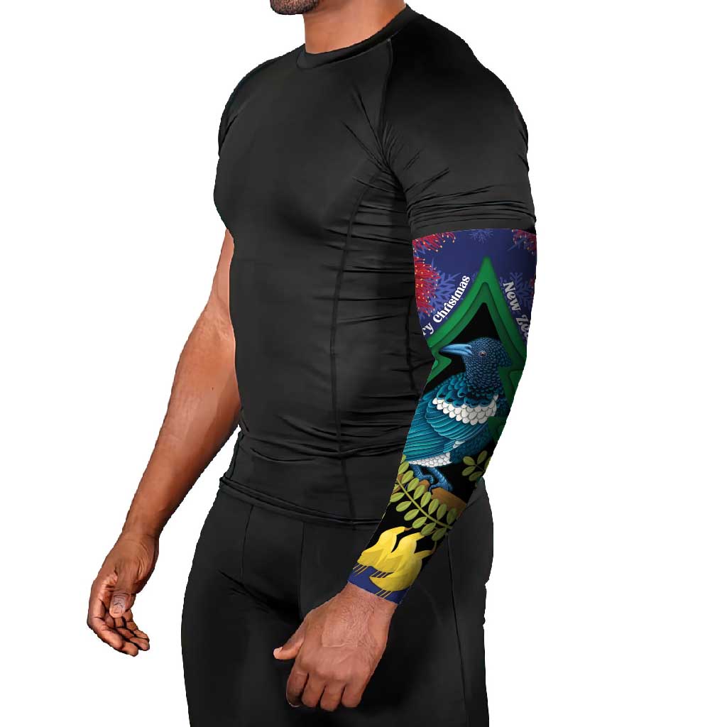 New Zealand Christmas In July Arm Sleeves Kowhai Tui Bird With Pohutukawa - Blue - Polynesian Pride