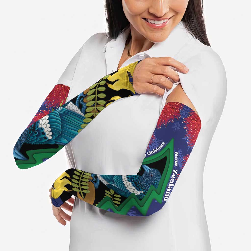 New Zealand Christmas In July Arm Sleeves Kowhai Tui Bird With Pohutukawa - Blue - Polynesian Pride