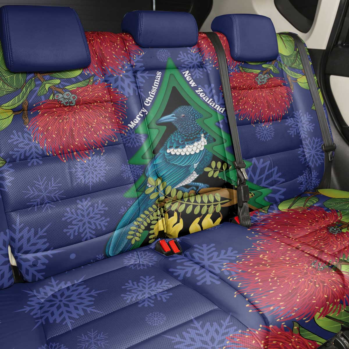New Zealand Christmas In July Back Car Seat Cover Kowhai Tui Bird With Pohutukawa - Blue LT14 - Polynesian Pride