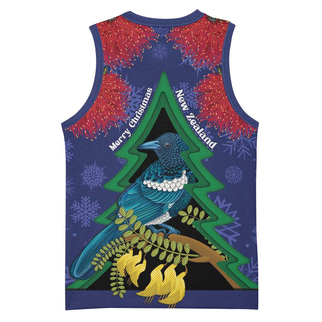 New Zealand Christmas In July Basketball Jersey Kowhai Tui Bird With Pohutukawa - Blue LT14 - Polynesian Pride
