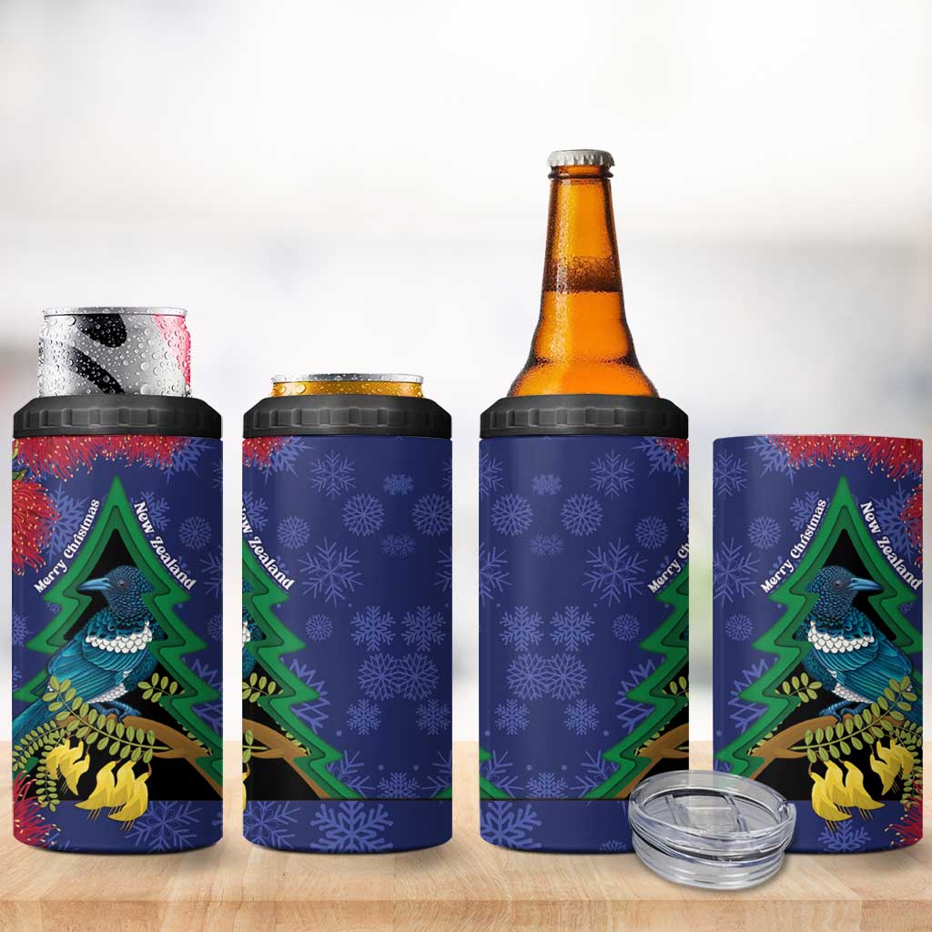 New Zealand Christmas In July 4 in 1 Can Cooler Tumbler Kowhai Tui Bird With Pohutukawa - Blue LT14 - Polynesian Pride