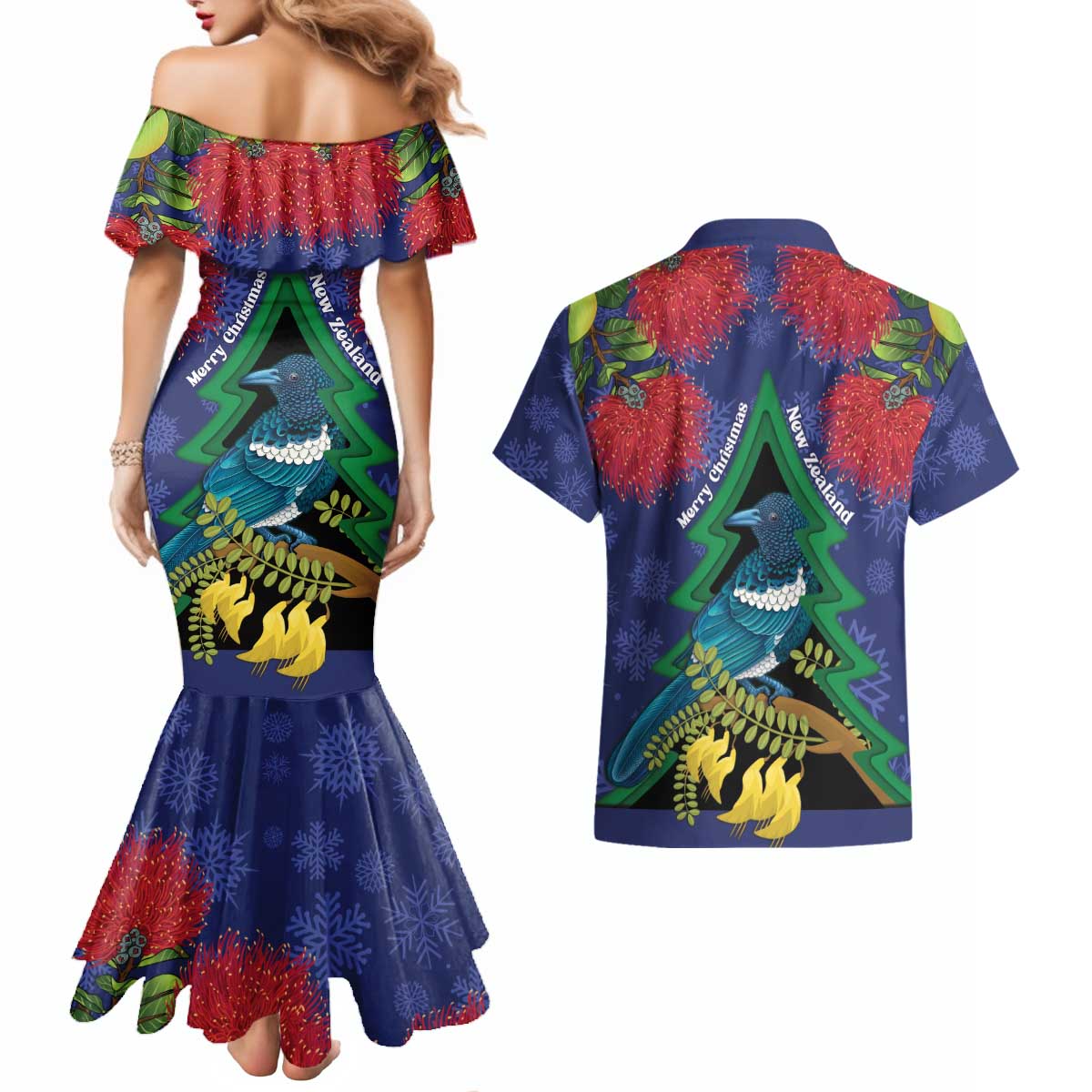 New Zealand Christmas In July Couples Matching Mermaid Dress and Hawaiian Shirt Kowhai Tui Bird With Pohutukawa - Blue LT14 - Polynesian Pride