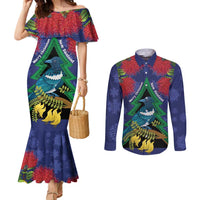 New Zealand Christmas In July Couples Matching Mermaid Dress and Long Sleeve Button Shirt Kowhai Tui Bird With Pohutukawa - Blue LT14 Blue - Polynesian Pride