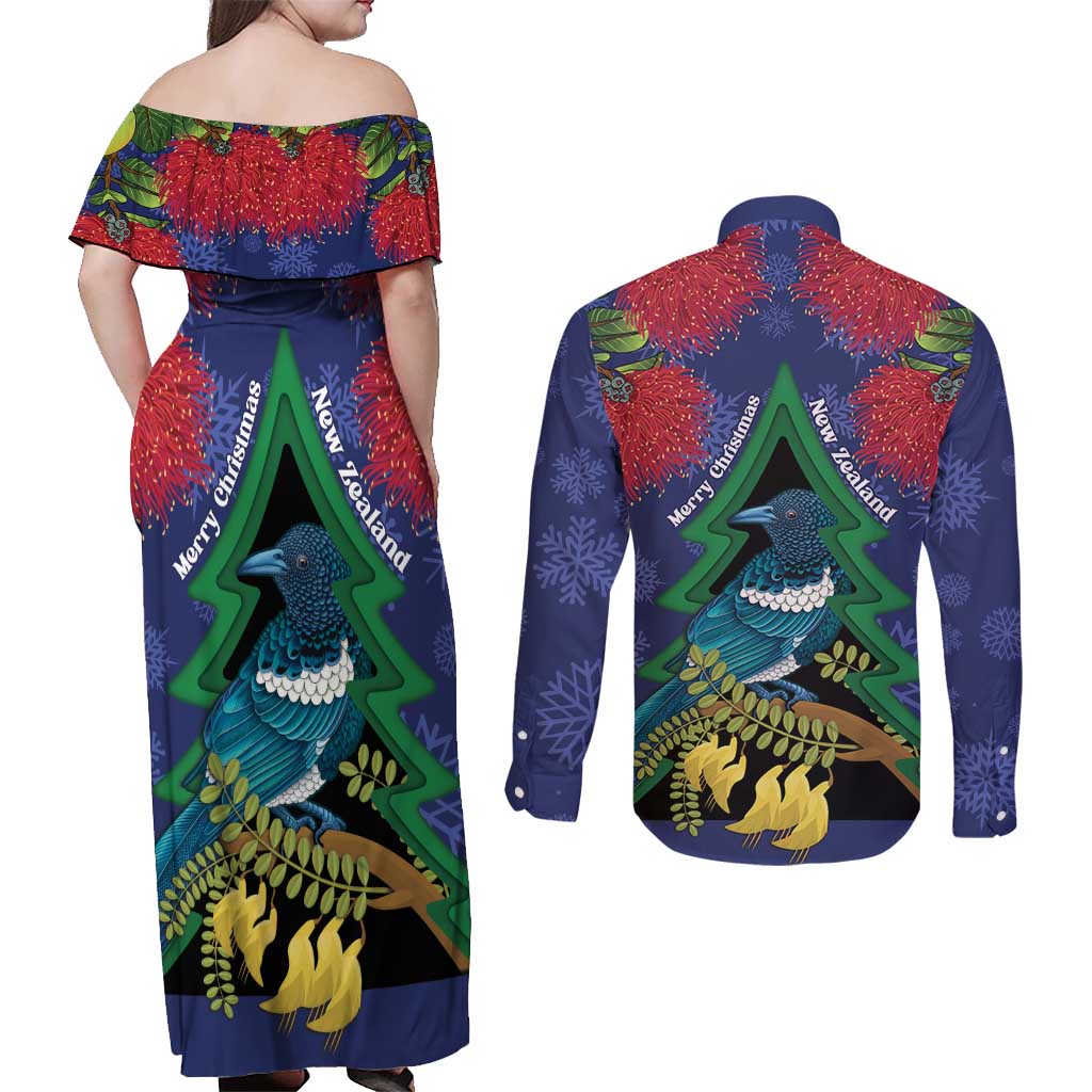 New Zealand Christmas In July Couples Matching Off Shoulder Maxi Dress and Long Sleeve Button Shirt Kowhai Tui Bird With Pohutukawa - Blue LT14 - Polynesian Pride
