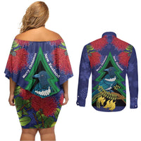 New Zealand Christmas In July Couples Matching Off Shoulder Short Dress and Long Sleeve Button Shirt Kowhai Tui Bird With Pohutukawa - Blue LT14 - Polynesian Pride