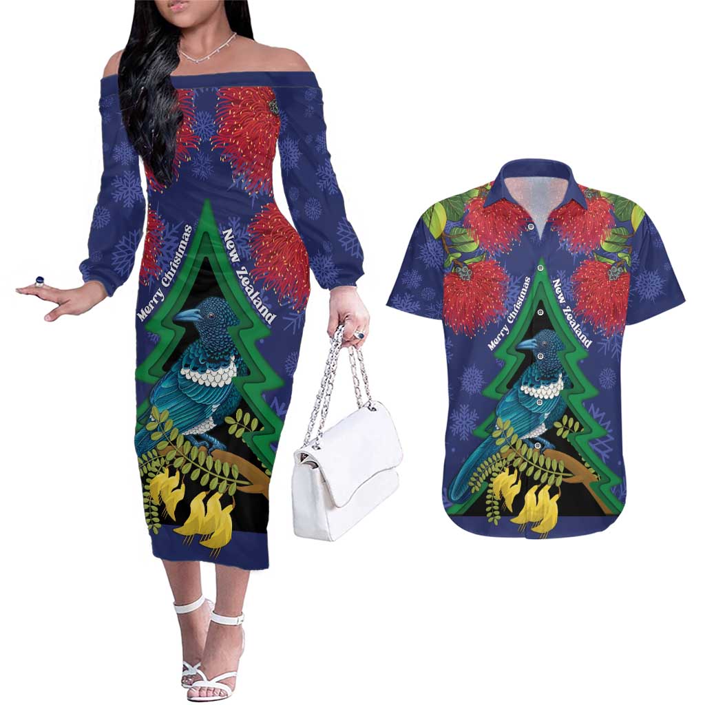 New Zealand Christmas In July Couples Matching Off The Shoulder Long Sleeve Dress and Hawaiian Shirt Kowhai Tui Bird With Pohutukawa - Blue LT14 Blue - Polynesian Pride