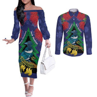 New Zealand Christmas In July Couples Matching Off The Shoulder Long Sleeve Dress and Long Sleeve Button Shirt Kowhai Tui Bird With Pohutukawa - Blue LT14 Blue - Polynesian Pride