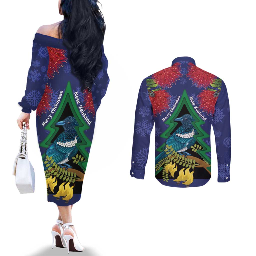 New Zealand Christmas In July Couples Matching Off The Shoulder Long Sleeve Dress and Long Sleeve Button Shirt Kowhai Tui Bird With Pohutukawa - Blue LT14 - Polynesian Pride